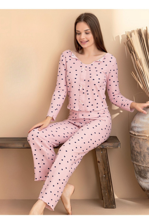 Kadın Kurdele Detaylı Kiraz Desenli U Yaka Likralı Pijama Takım