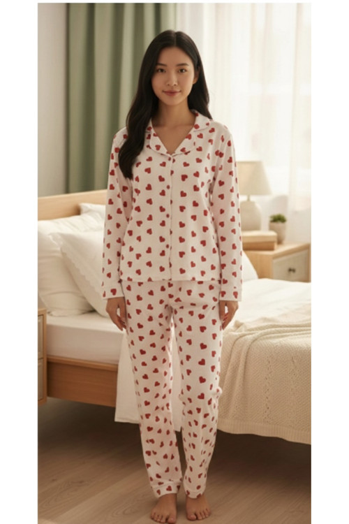 Kadın Kalp Desenli Boydan Düğmeli Pijama Takım