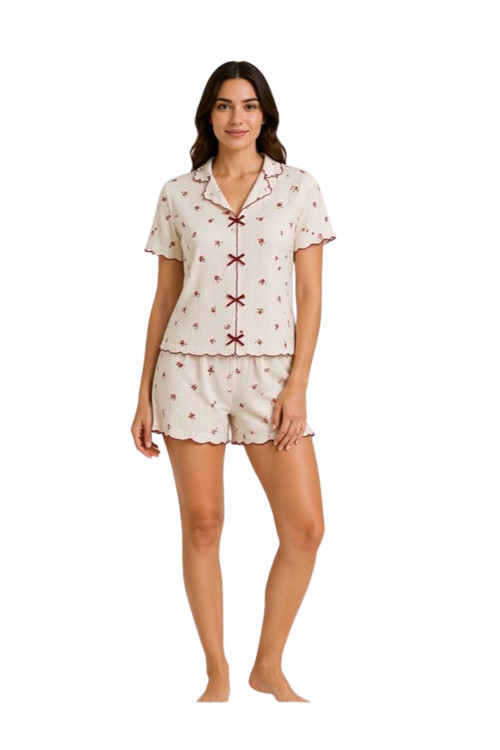Kadın Çiçek Desenli Şortlu Pijama Takımı Hafif & Rahat