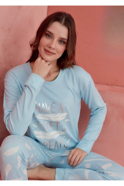 Kadın Baskı Detaylı Uzun Kollu Likralı Pijama Takım