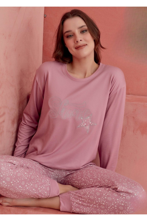 Kadın Baskı Detaylı Uzun Kollu Likralı Pijama Takım