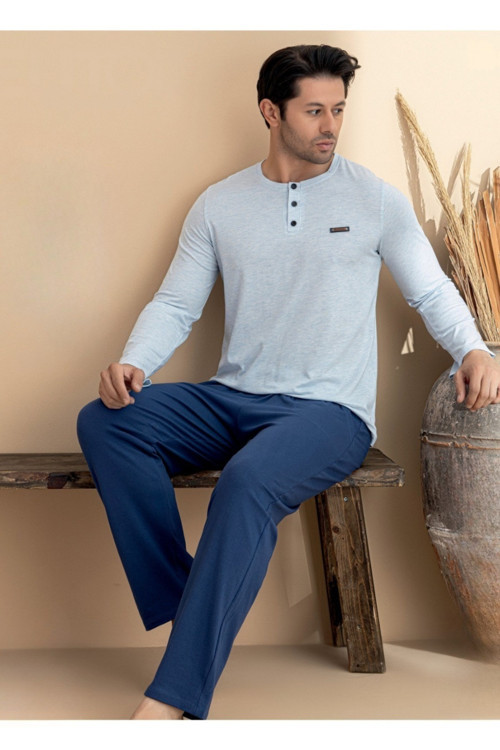 Erkek %100 Pamuklu Yarım Kapama Düğmeli Likralı Pijama Takım