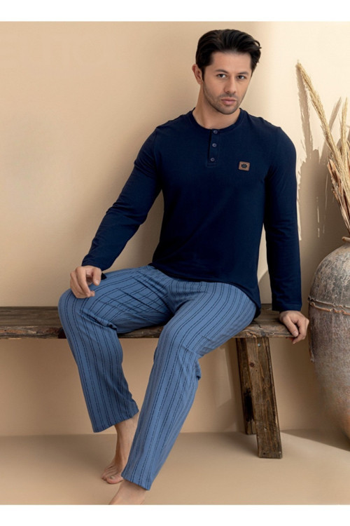 Erkek Yarım Kapama Düğmeli %95 Pamuklu Likralı Çizgili Pijama Takım