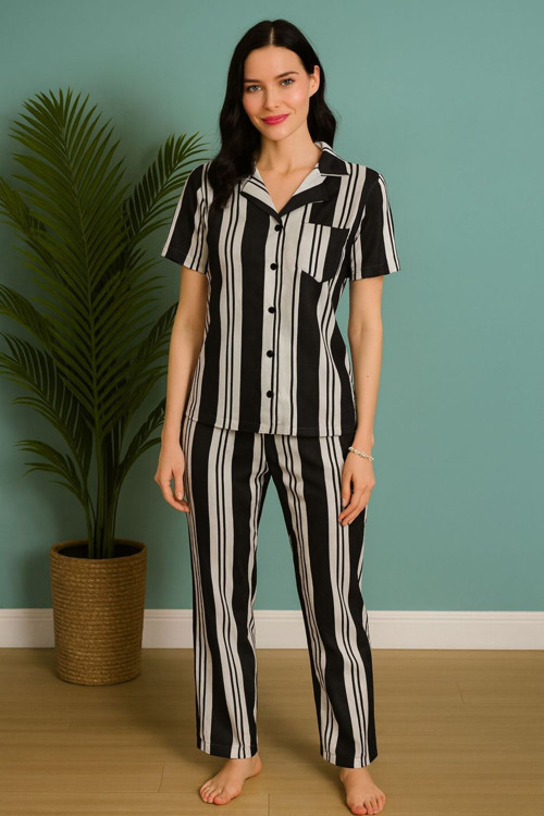 Kadın Kısa Kol Çizgili Pijama Takımı