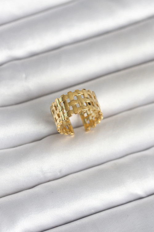 316L Çelik Gold Renk Hasır Model Kadın Yüzük