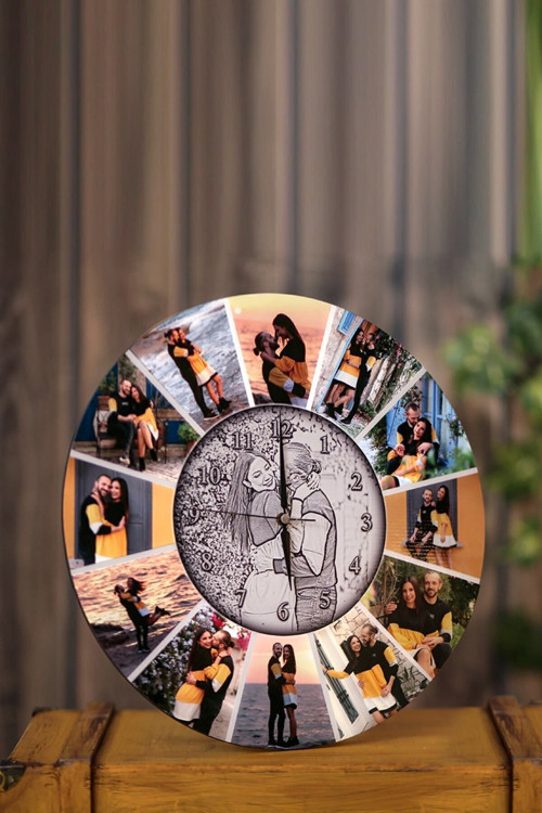 Duvar Saati Kişiye Özel 13 Fotoğraflı Ahşap Malzeme Uv Baskı 40Cm