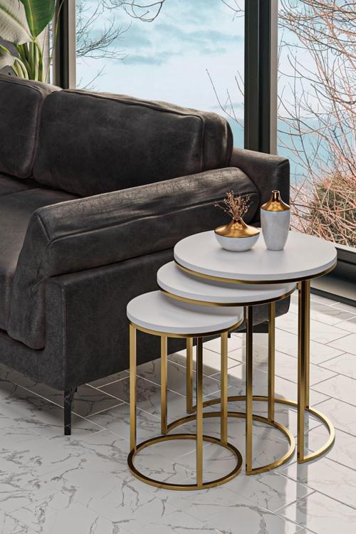 3'lü Parlak Gold Ayak Beyaz Tabla Zigon Servis Salon Sehpa