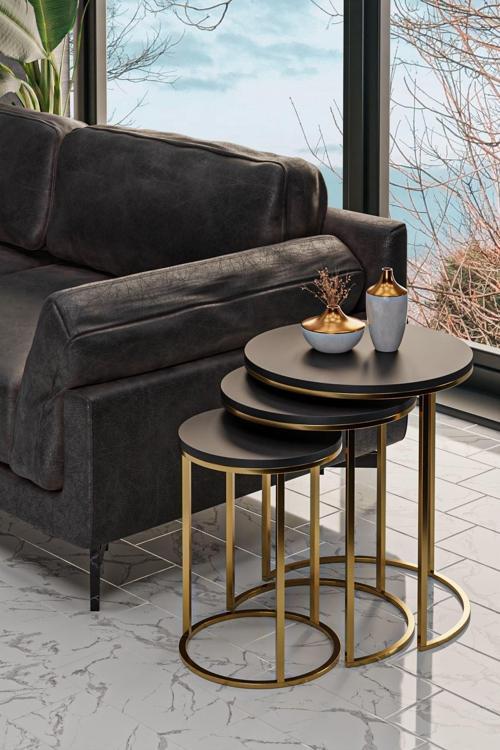 3'lü Parlak Gold Ayak Siyah Tabla Zigon Servis Salon Sehpa