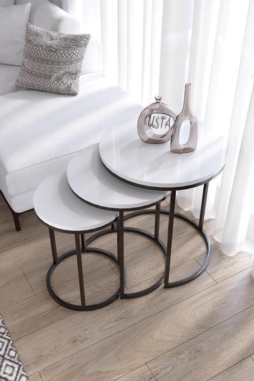 3'lü Siyah Ayak Beyaz Tabla Zigon Servis Salon Sehpa