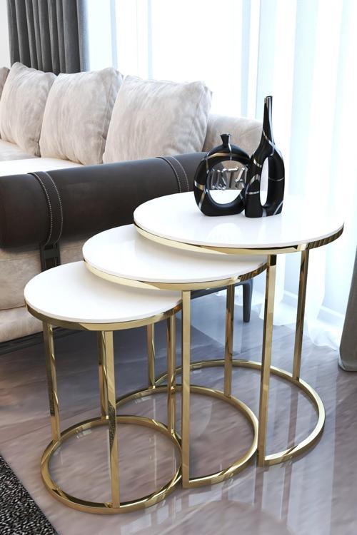 Gold Metal Parlak Beyaz Mdf Tabla Zigon Sehpa
