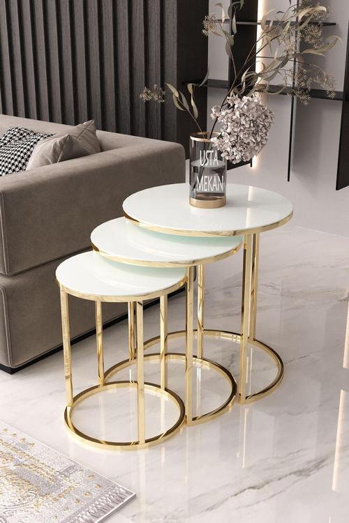 Gold Metal Zigon Sehpa Beyaz Cam Kırılmaz