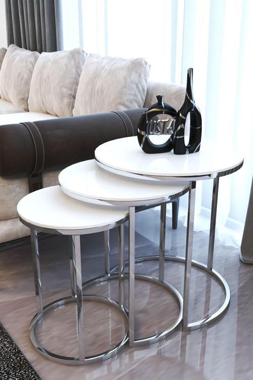 Gümüş Metal Parlak Beyaz Mdf Tabla Zigon Sehpa