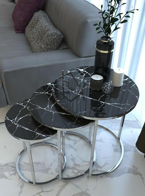 Gümüş Metal Zigon Sehpa Siyah Mermer Desen (kırılmaz Temperli Cam)