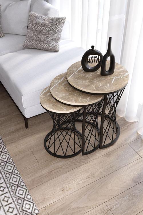 Hasır Telli Model Siyah Metal Zigon Sehpa Mermer Desen Ahşap Tabla