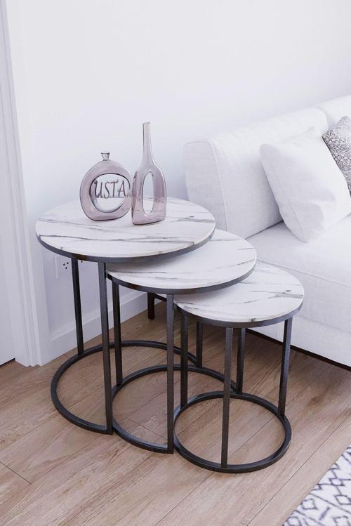 Siyah Metal Beyaz Mermer Desenli Mdf Tabla Zigon Sehpa
