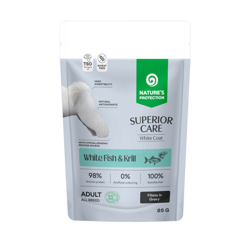 Nature’s Protection Superior Care Beyaz Tüylü Köpekler İçin Beyaz Balıklı & Krilli Sos İçinde Yaş Köpek Maması 85g