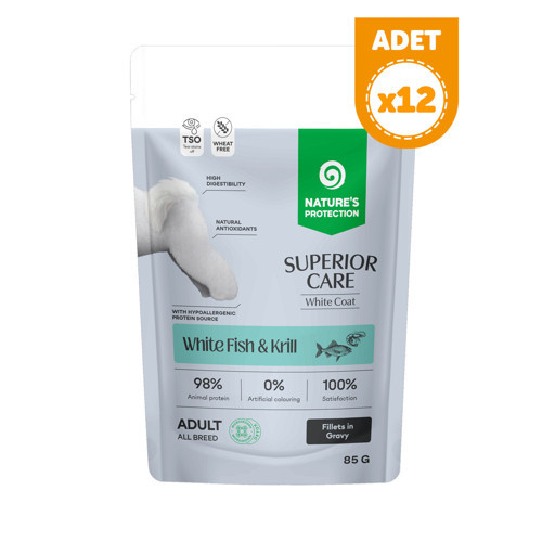 Nature’s Protection Superior Care Beyaz Tüylü Köpekler İçin Beyaz Balıklı & Krilli Sos İçinde Yaş Köpek Maması 85g (12 Adet)