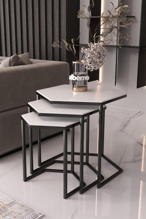 Usta Altıgen Siyah Metal Beyaz Mdf Tablalı 3lü Zigon Sehpa