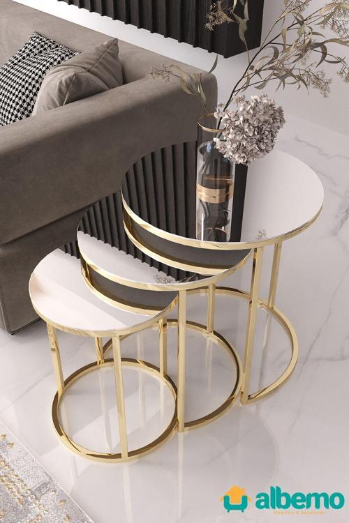 Usta Gold Metal Gümüş (DÜZ) Aynalı 3lü Zigon Sehpa