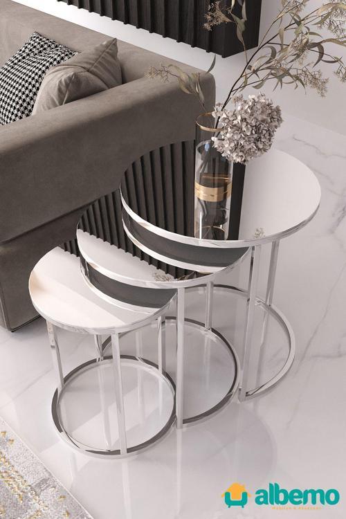 Usta Gümüş Metal Gümüş (DÜZ) Aynalı 3lü Zigon Sehpa