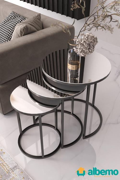 Usta Siyah Metal Gümüş (DÜZ) Aynalı 3lü Zigon Sehpa