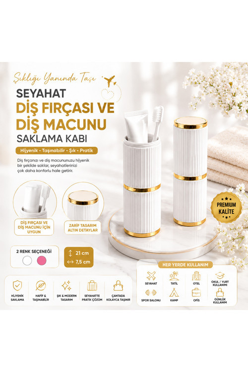 Taşınabilir Seyahat Diş Fırçası Ve Diş Macunu Saklama Kabı Hijyenik Diş Fırçalık Organizer Kutusu Beyaz/Pembe