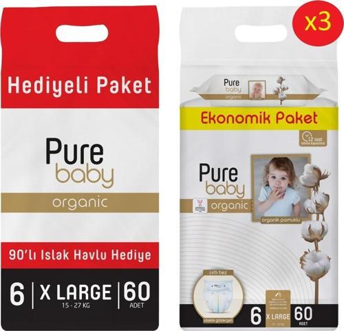 Organik Bebek Bezi Cırtlı 6 Beden Maxi 15-27 Kg 60X3 (180 Adet) Islak Mendil Hediyeli