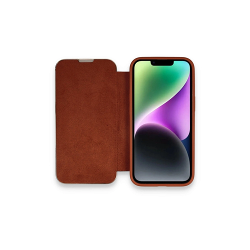 İphone 14 Kılıf Dolpin Kapaklı - Kahverengi