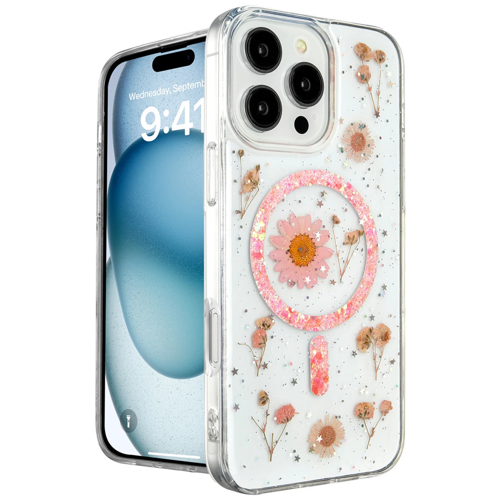İphone 16 Kılıf Daisy Simli Magsafe Kapak - Pembe