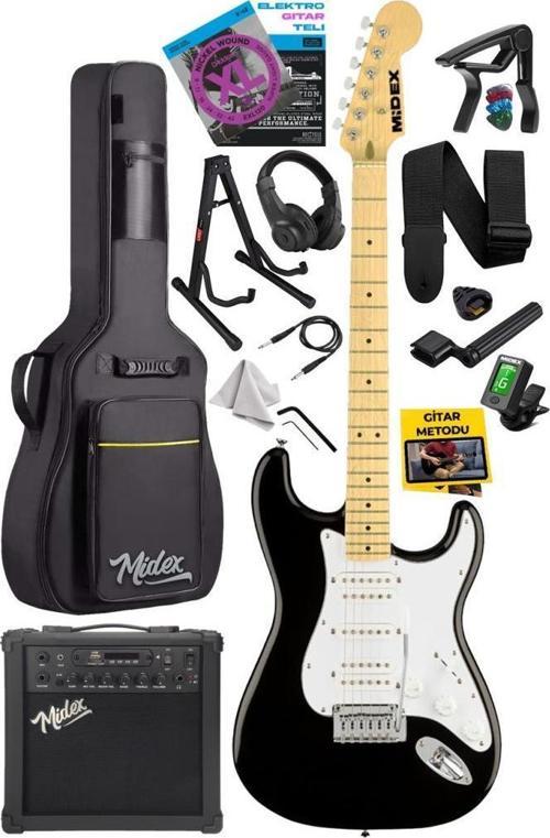 RPH-40WB-25AMP Siyah Beyaz 25W Şarjlı BT Amfili Elektro Gitar Seti HSH Manyetik Maple Klavye