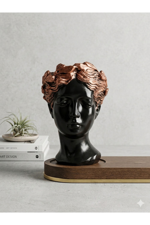Dekoratif Orta Boy Siyah Bronz Helen Heykel Antik Saksı Büst Biblo (25x17cm)