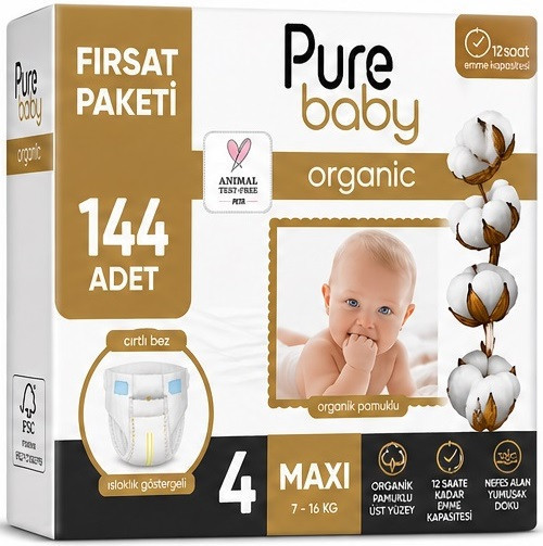 Organik Bebek Bezi 4 Beden 7-16 KG Maxi 144 Adet Aylık Fırsat Pk