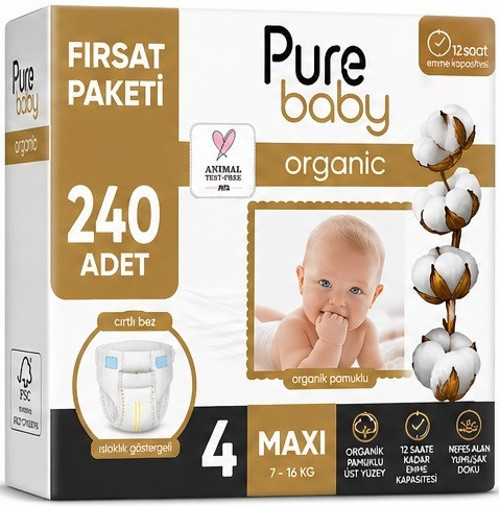 Organik Bebek Bezi 4 Beden 7-16 KG Maxi 240 Adet Mega Fırsat Pk