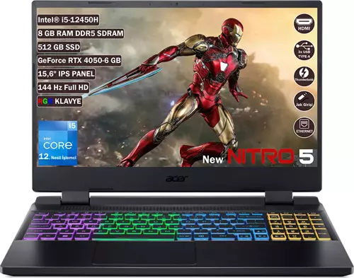 Nitro 5 AN515-58 Intel Core I5 12450H 8GB 512GB SSD Rtx 4050-6GB Freedos 15.6" Fhd 144Hz IPS Taşınabilir Bilgisayar