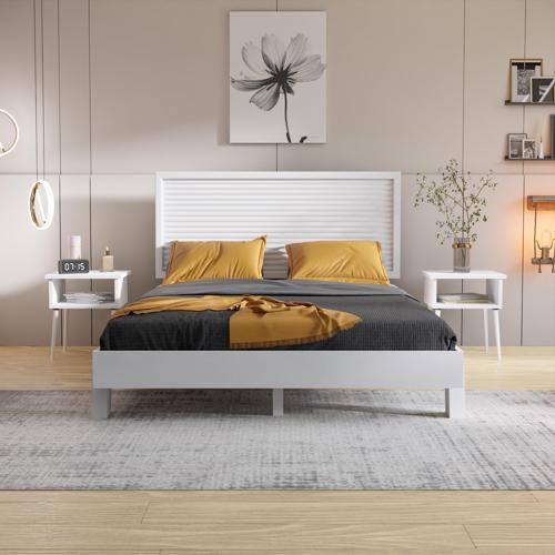 Ebruli Model Beyaz Renk Çam Ahşap Karyola Ve İki Komodin Set ( Yatay ) 160x200 cm