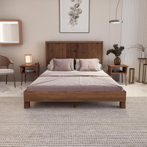 Alaz Model Ceviz Renk Çam Ahşap Karyola Ve İki Komodin Set ( Dikey ) 90x190 cm