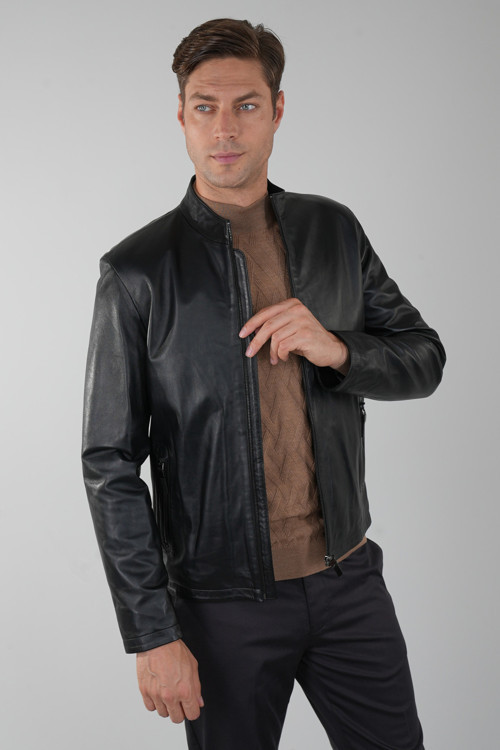 Siyah Regular Fit Deri Gerçek Ceket Mont