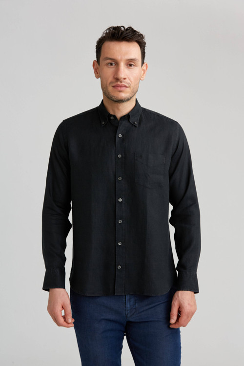 Siyah Regular Fit Keten Paşa Yaka Basic Gömlek