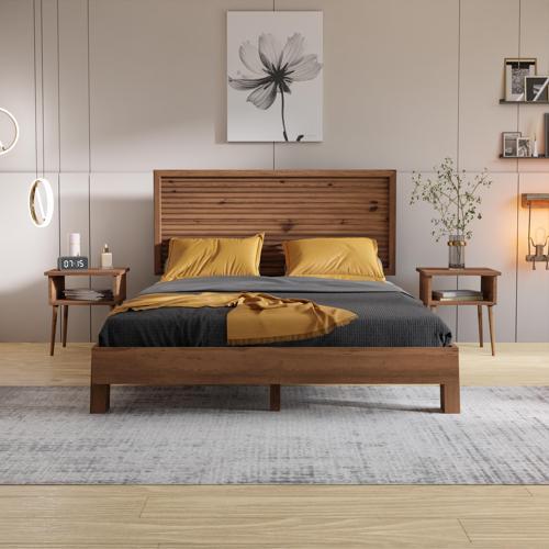 Ebruli Model Ceviz Renk Çam Ahşap Karyola Ve İki Komodin Set ( Yatay ) 90x190 cm