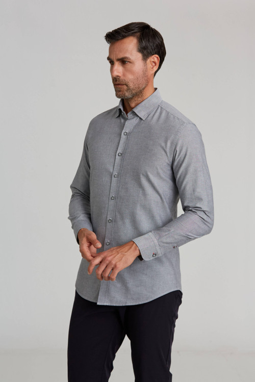 Gri Modern Slim Fit Pamuk Düğmeli Gizli Spor Gömlek
