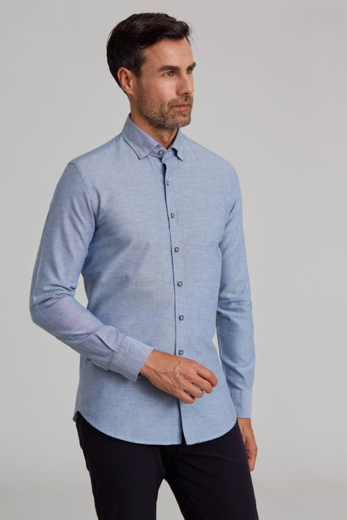 Lacivert Modern Slim Fit Pamuk Düğmeli Gizli Spor Gömlek