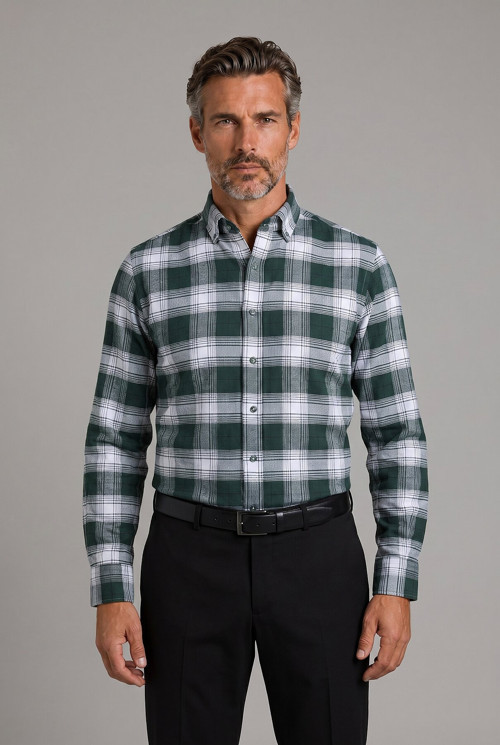 Yeşil Modern Fit Pamuk Paşa Yaka Yuvarlak Manşet Gömlek