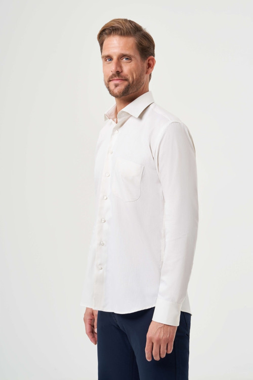 Ekru Regular Fit Pamuk Klasik Gömlek