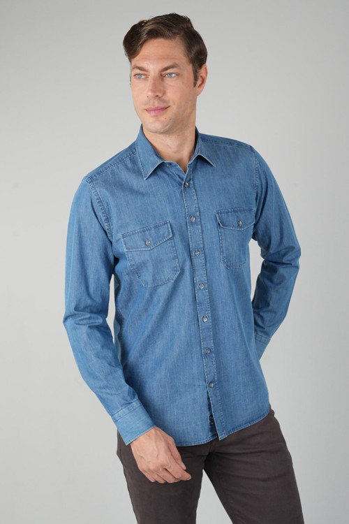 Lacivert Regular Fit Pamuk Denim Uzun Kollu Gömlek