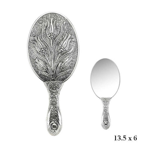 925 Ayar Gümüş Lale Desenli El Aynası