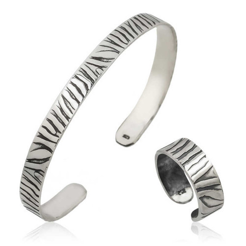 925 Ayar Gümüş Zebra Desenli Kadın Bileklik Ve Yüzük Takı Seti