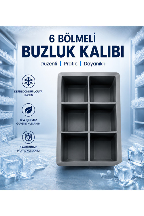 Büyük Boy 6'lı Silikon Küp Buz Kalıbı – Dev Buz Küpleri İçin Esnek ve Dayanıklı Buz Yapma Kalıbı – İçecek, Kokteyl ve Viski Buzu FÜME