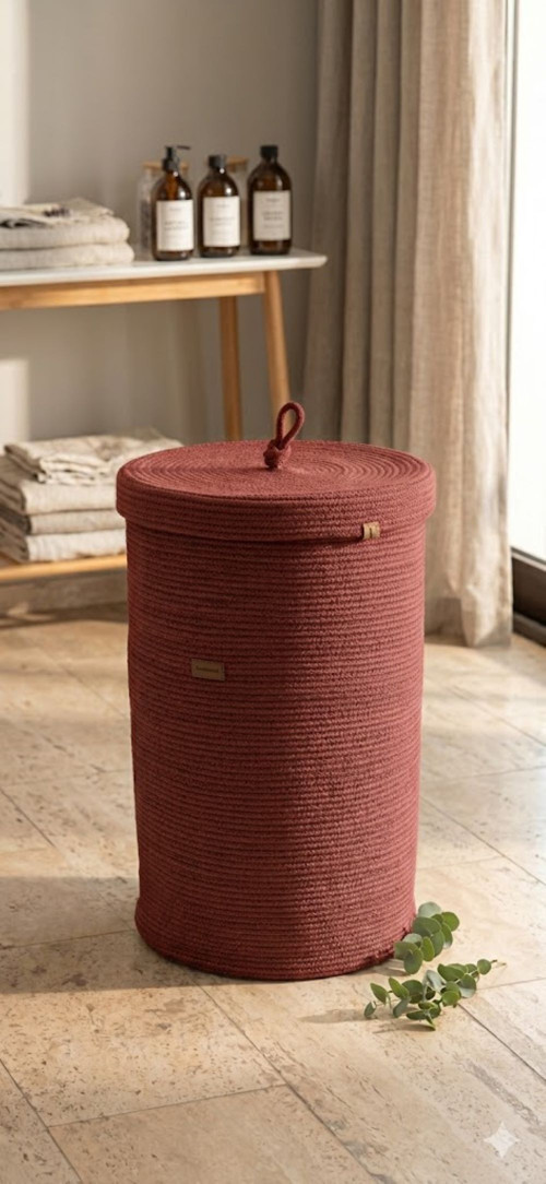 KİRLİ ÇAMAŞIR SEPETİ 45CM BORDO PAMUK POLYESTER JÜT İP EL EMEĞİ İLE
