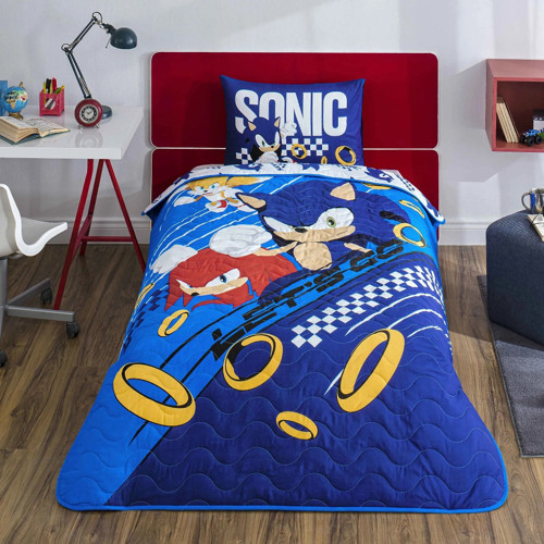 Lisanslı Sonic Mavi Pamuklu Çocuk Yatak Örtüsü Seti (160x230)