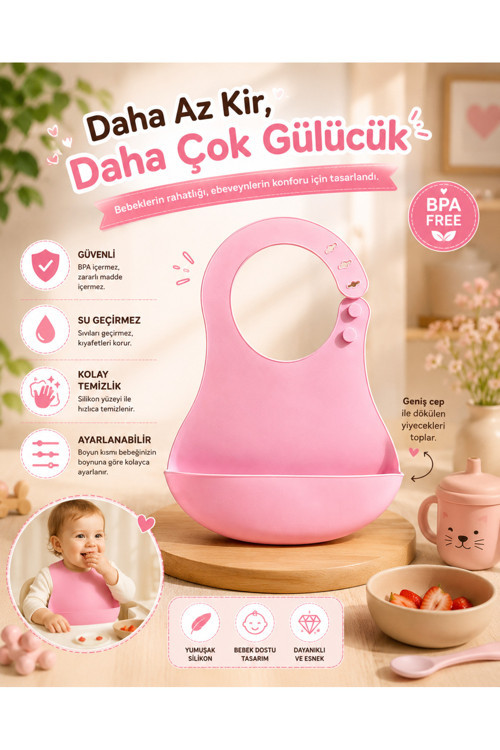 Silikon Mama Önlüğü Su Geçirmez Ayarlanabilir Bebek Önlüğü BPA İçermeyen Geniş Cepli Beslenme Önlüğü Pembe